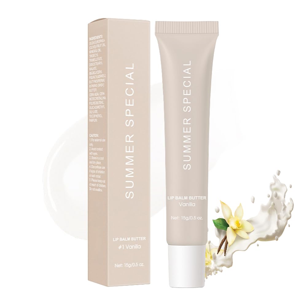 Summer Lip Glossy Butter Balm, Instant Moisture Sheer Tint, Non-Sticky, Conditioning Formula to Soothe & Repair Dry, Chapped Lips, Jelly Lip Stain with Natural Scent (#1Vanilla, 1Pc)