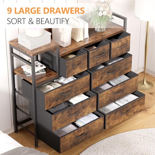 GarveeHome 9-Drawer Storage Bedroom Dresser TV Stand | Multi-Functional with Built-in Charging Station, Tall Dresser for Closet Organization, Kids Room & Apartments, Rustic Brown