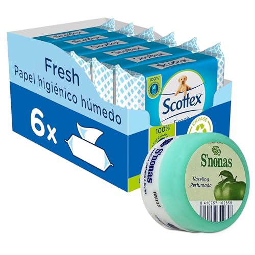 Scottex Papel Higiénico Húmedo Fresh (6 paquetes x 128 servicios) + Vaselina Snonas Manzana