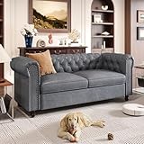FiveWillowise 72 Inch Couch, Chesterfield Faux Leather Sofa with Wooden Legs, Vintage Tufted Sofa with Rolled Arms, Mid Century Modern Couch with Rivets for Living Room, Apartment, Office, Grey