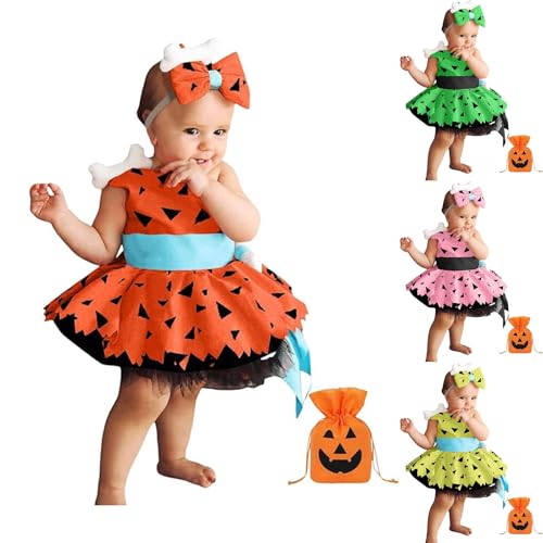 Baby Costumes 12-18 Months Toddler Kids Girl Halloween Costume with Bone Hair Clip Cloak Pumpkin Dress Trendy Fashion Historical Stone Age Family Party Outfit