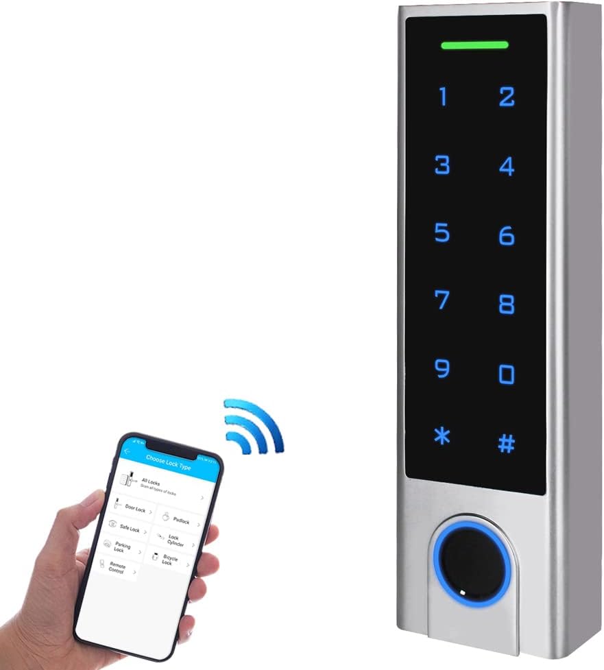BSTUOKEY WiFi Fingerprint Access Controller with a smartphone displaying the control app