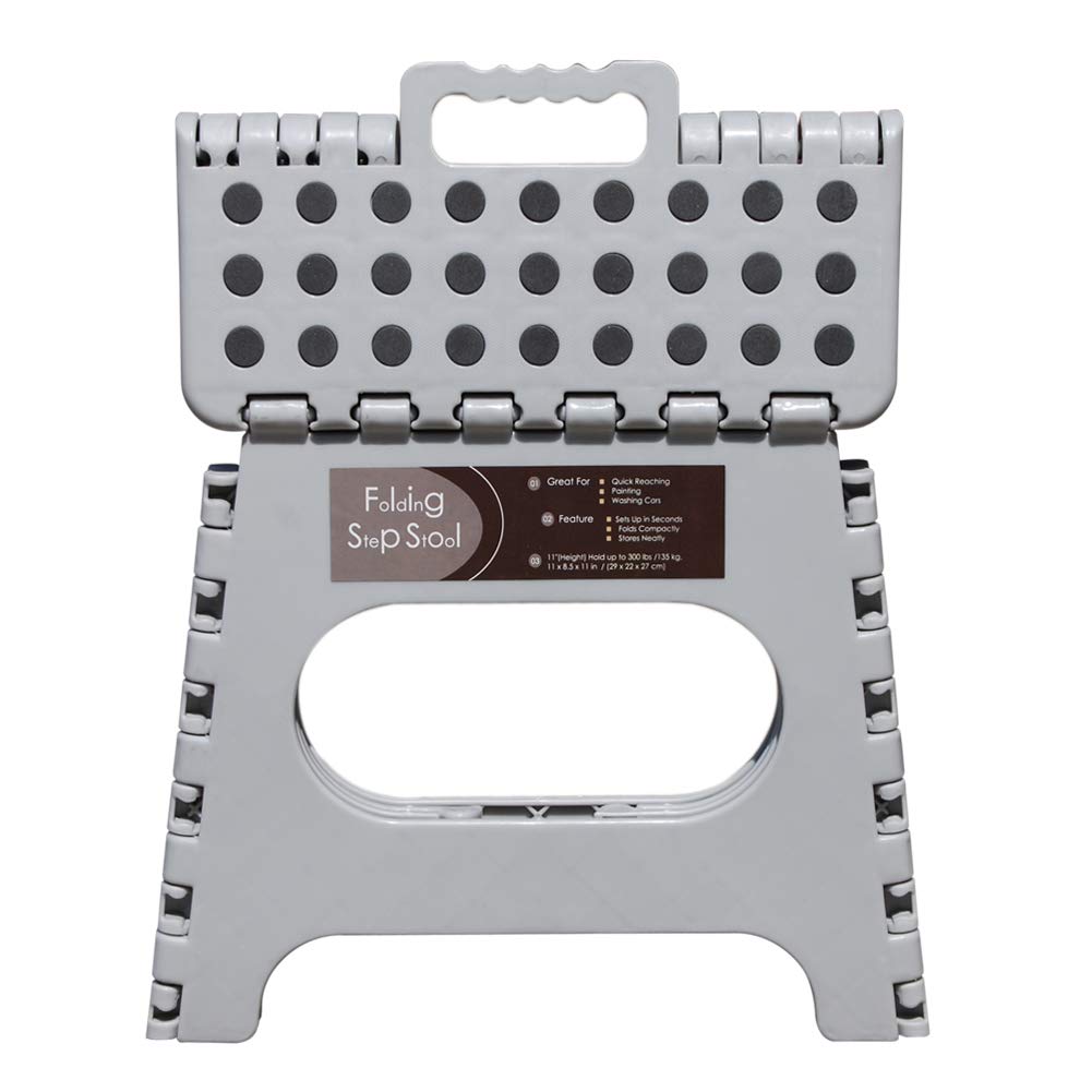 Non-Slip Folding Step Stool, Sturdy Safe Enough - Holds up to 300 Lb - 11 inch Footstool for Adults or Kids, Folding Ladder Storage/Opens Easy, for Kitchen,Toilet,Camping (Light Grey, 11'')
