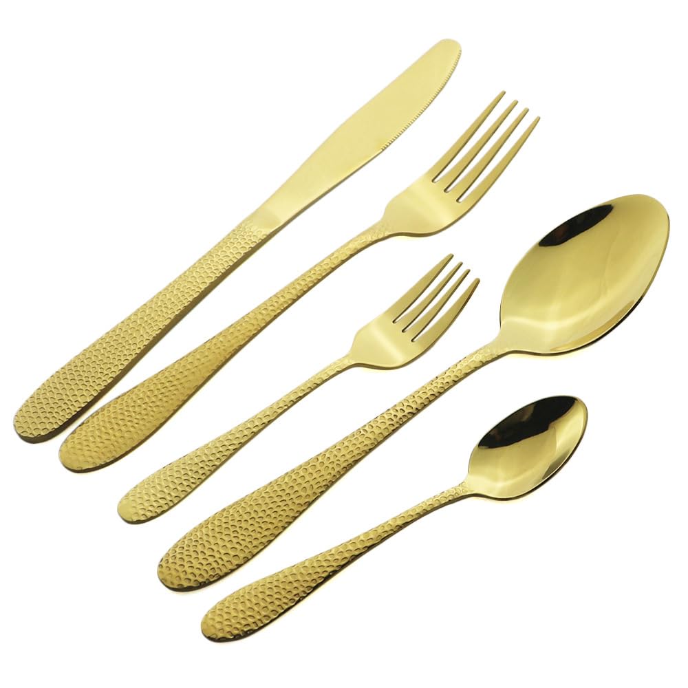 OLSKFUH Cutlery Flatware Cutlery Set, 5/20/30/40/50/60Pcs Blue Stainless Steel Water Ripple Snakeskin Handle Tableware Creative Tableware Tea Spoon Cake Fork,Gold-6Set