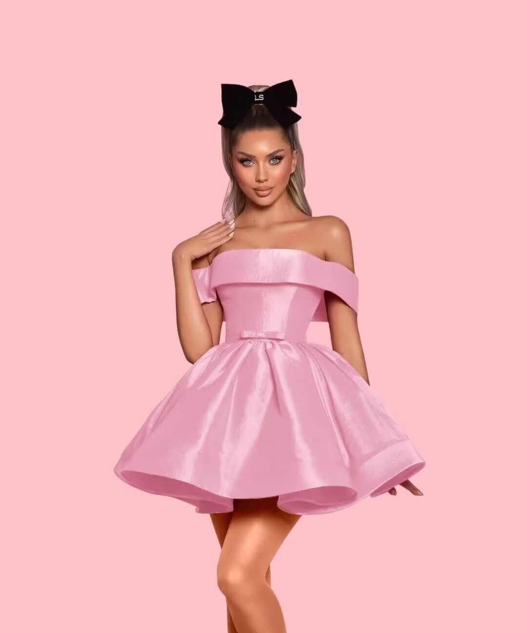 Women's Off Shoulder Satin Homecoming Dresses for Teens Short Prom Dresses with Bow A Line Cocktail Mini Dress