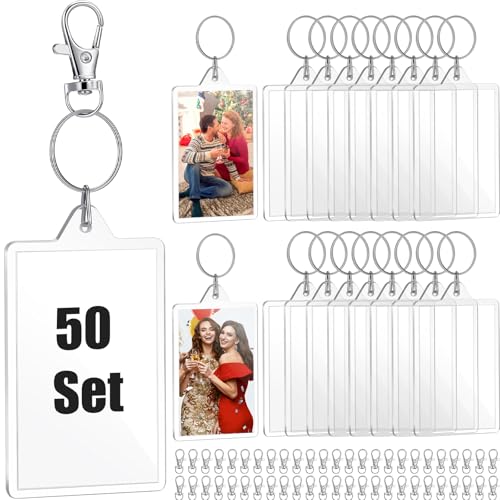 Yaomiao 50 Sets 2 x 3 Inch Acrylic Photo Frame Keychain Holder Photo Picture Insert Blank Swivel Snap Hooks Holder with Key Rings for DIY Craft