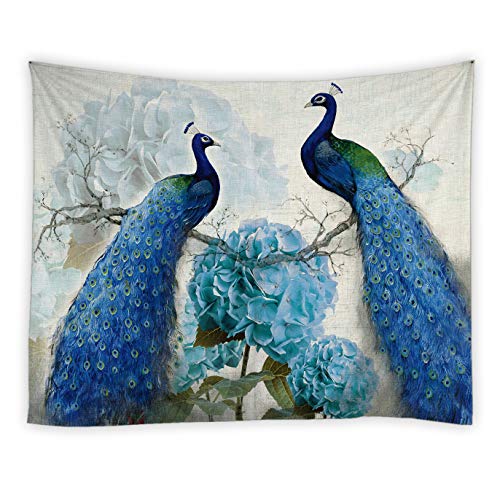 Blue Peacock Tapestry Beautiful Bird And Flower Wall Art Home Living Room Bedroom Backdrop Dormitory Bedside Polyester Cloth Background Pattern 90 X 70 Inches #TOP1