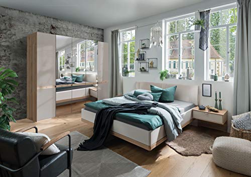 WIEMANN Barcelona Kleiderschrank, Schlafzimmerschrank, Drehtürenschrank mit Spiegel, Breite 250 cm, 5-türig, Bianco Eiche, Glas champagner, creme, B/H/T 250x236x58 cm