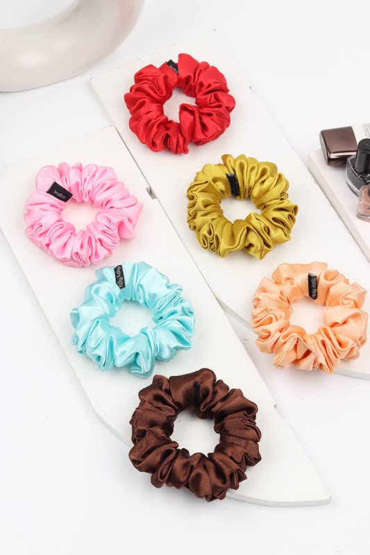 Image of Premium Satin Scrunchies for Women | Hair Bands, Ponytail Holders & Rubber Bands | Fluffy, No-Damage Hair Ties | Girls Hair Accessories | Medium Size | Pack of 6