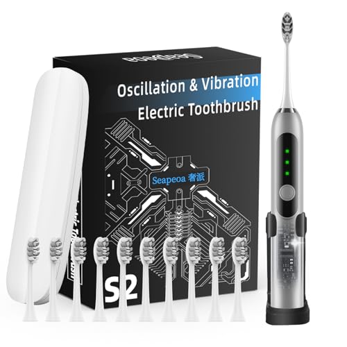 Image of Seapeoa Adult Sonic Electric Toothbrush with 10 Brush Heads, Travel Case, and Wall Bracket, Suitable for Both Adults and Kids, IPX8 Waterproof, USB Charging, 42000VPM, Silver