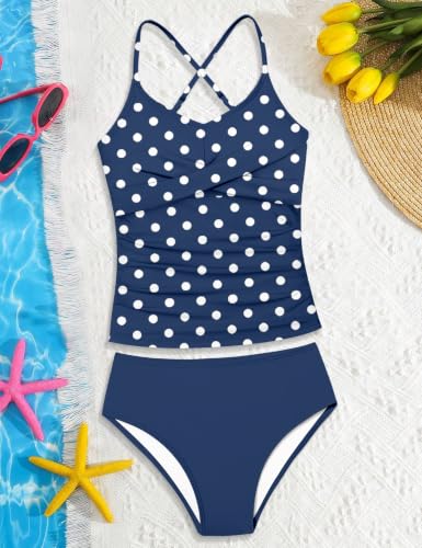 Image of Girls Swimsuit 2 Piece Bathing Suit Criss Cross Ruched Girl Tankini Sets Printed Girls' Swimwear for 9-18 Years
