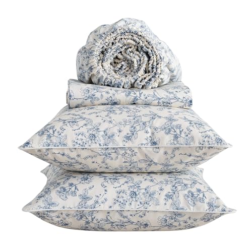 Image of Vintage Blue Floral Percale Sheets, Queen Size 100% Cotton Deep Pocket Neutral Flower French Country Sheet Set, Shabby Chic Soft Farmhouse Bed Sheets, Cottagecore Toile Bedding, White, 4Pcs