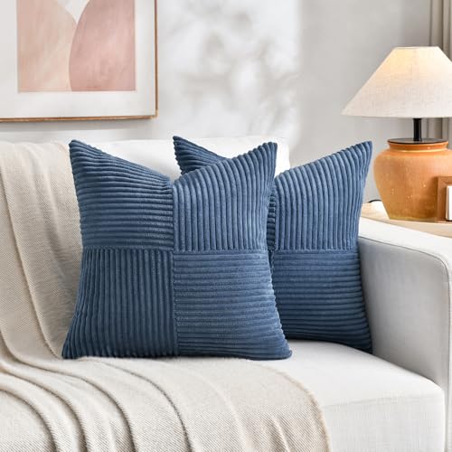Image of Fancy Homi 2 Packs Dusty Blue Samll Decorative Throw Pillow Covers 12x12 Inch with for Couch Bed Sofa, Rustic Farmhouse Boho Home Decor, Soft Patchwork Corduroy Textured Square Cushion Case 30x30 cm