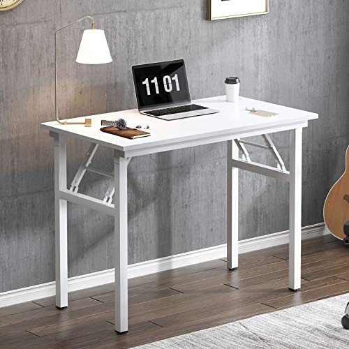 Image of Need 31.5 Inch Folding Computer Desk for Small Spaces, White Study Foldable Writing Table for Home Office, Bedroom, Dorm Room & Student, No Assembly