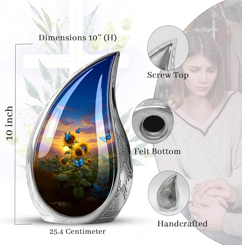 Image of Teardrop Sunflower with Butterfly Urn for Ashes for Women - Blue Urns for Ashes Adult Female Mother - Sunflower Urn for Human Adult Male - Large Decorative Urns for Mom and Dad 10inch