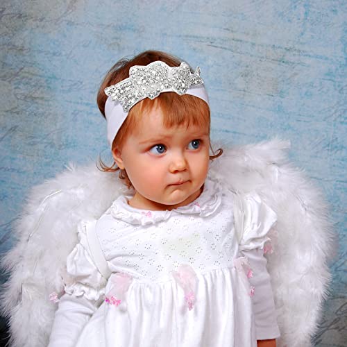 6 Pcs White Baptism Headband for Baby Girl Toddler Elastic Chiffon Flower Crystal Lace Headbands Christening White Baby Baptism Headband Gifts Birthday Baby Shower Party(Elegant Style) 6