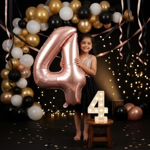 Image of Balloonistics Rose Gold 40-Inch Foil Number 4 Balloon with Matching LED Marquee Light - Combo Set for 4th Birthday, Anniversary, Party Decoration, Photo Booth Backdrop, Cake Table Decor