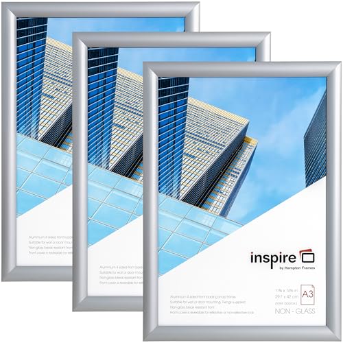 inspire by Hampton Frames | A3 Snap Frame Pack of 3 Silver Aluminium 30x42cm Acrylic Front | Easy Snap Mechanism Wall Mount | Secure Poster Display Landscape or Portrait Use
