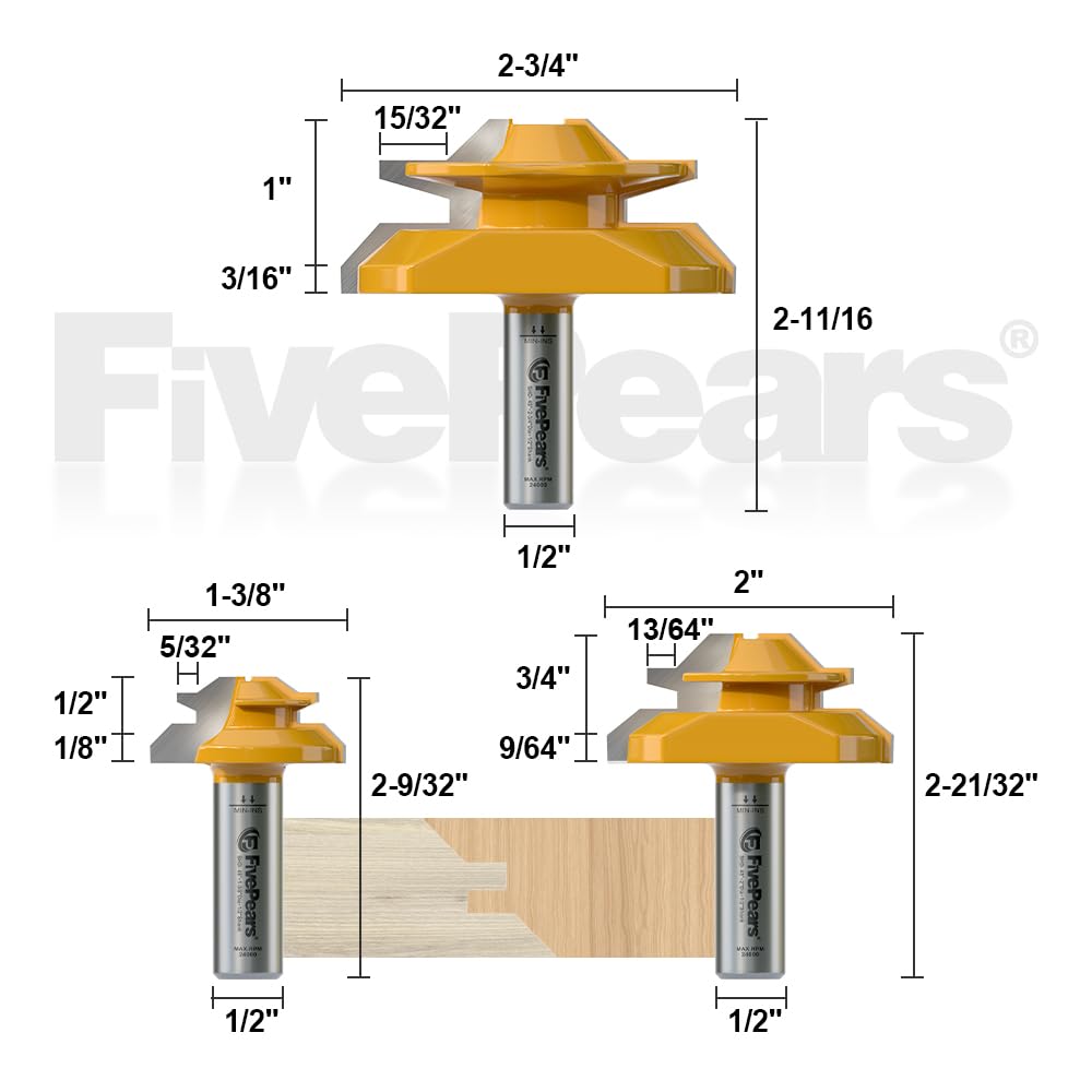 FIVEPEARS Lock Miter Router Bits - 3 Piece Set -2