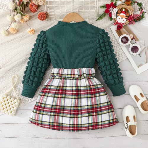 Image of Noubeau Toddler Girls Plaid Outfits Girls Puff Sleeve Knit Ribbed Shirt Tops Plaid Skirt Set Kids Fall Winter Clothes