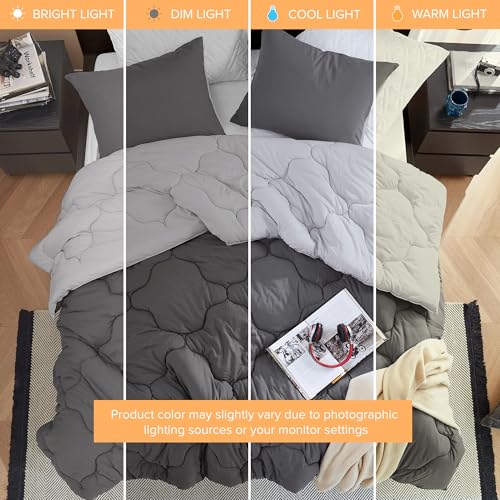 Image of Comfort Spaces Comforter Set Vibrant Reversible Comforters Queen Size Quilted Bedding Set, All Season Lightweight Bedding, Soft Microfiber Comforter, Vixie, Grey /Light Grey Full /Queen 3 Piece