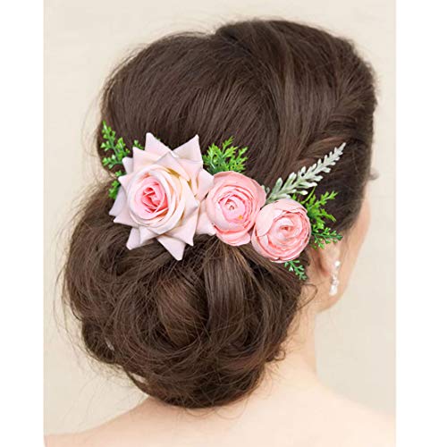 Fangsen Wedding Rose Flower Hair Comb Bridal Headpiece Floral Hair Accessories for Brides and Bridesmaids (Pink 01)
