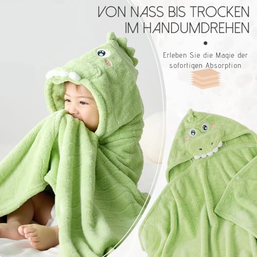 Image of Cute Animal Hooded Baby Towel Soft Coral Fleece Baby Towels with Hood Toddler Bath Towel Large 27 x 55 Inch Ultra Absorbent Hooded Bath Towels for Babies Baby Bath Towel（Green