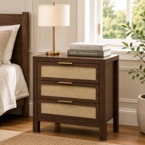 GRENMEY 27.5" Tall Large Nightstand with 3 Drawers, 40mm Thick Walnut Wood Bedside Table, Linen Textured Boho Mid-Century End Side Table with Gold Handles for Bedroom, Living Room