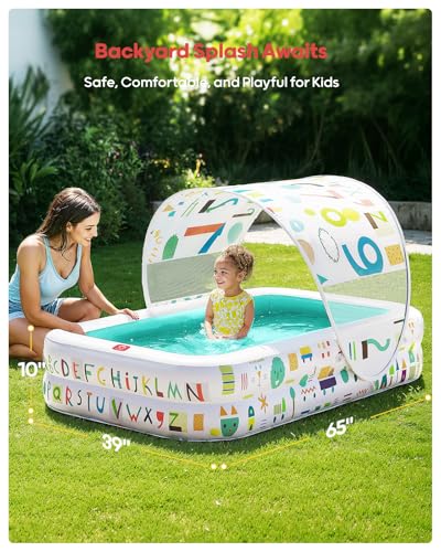 Image of QPAU Kiddie Pool with Canopy, Inflatable Design, 65 x 39 in, Green