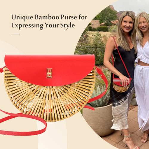 Image of Handwoven Bamboo Bag Summer Straw Purse Crossbody Bags for Women Natural Handmade Beach Bamboo Purse with Leather Strap