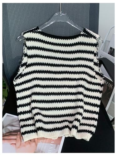 GORGLITTER Women's Striped Crochet Sweater Vest Split Button Down Colorblock Sleeveless Knit Tank Top2