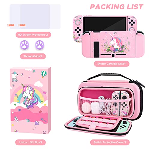 Unicorn Carrying Case Compatible with Nintendo Switch-Pink Portable Hard Shell Storage Bag and Protective Case Cover,Screen Protectors for Nintendo Switch,Switch Protection Accessories for Girls