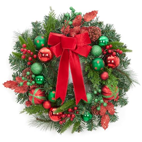 GarveeHome Pre-Lit Christmas Wreath for Front Door, 22 Inch Large Outdoor Christmas Wreath, Battery Operated Lighted Xmas Wreath with Red Green Balls Velvet Ribbon for Fireplace Window Wall Decor
