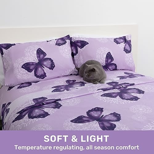 Linge de lit en microfibre douce violet, parure de lit 3 pièces lit simple avec drap plat