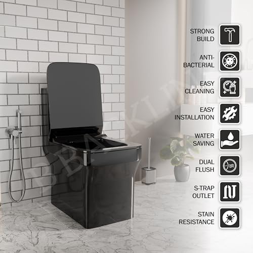 Image of B Backline One Piece Ceramic Western Toilet | Commode for Toilet | Water Closet | Commode With Soft Close Toilet Seat (Black Glossy (S Trap Outlet From Floor))