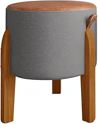 PUFF EM LINHO CINZA COM ASSENTO EM COURO CARAMELO