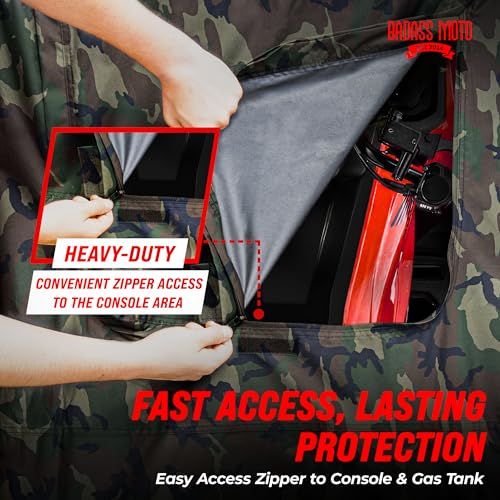 Image of Badass Moto Gear ATV Cover CAMO MEDIUM | Easy access zipper, camo four wheeler quad cover, fits ATVs like Polaris Sportsman 450 H.O, Suzuki KingQuad 400 & KFX 700