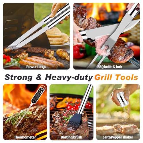 Image of ROMANTICIST 26pcs Grilling Gifts for Men, Dad Gifts for Father's Day, Stainless Steel BBQ Grill Accessories Tools Set, Heavy Duty BBQ Utensils Kit with Apron, Thermometer, Mats in Aluminum Case Silver