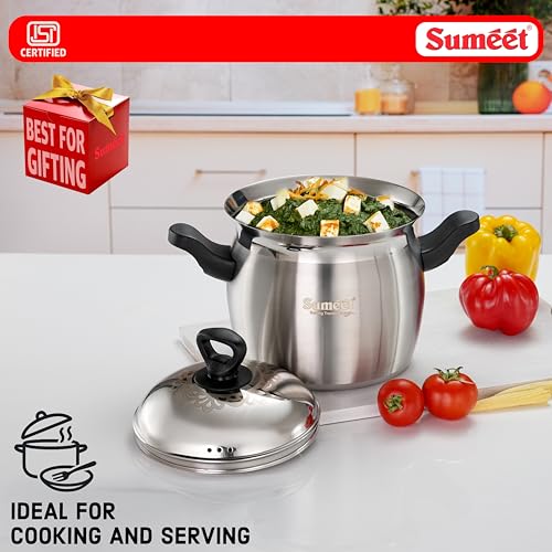 Image of Sumeet ISI Certified Stainless Steel Cook & Serve Pineapple Shape Handi /Cooking Pot with Steel Lid |Induction and Gas Compatible | Capacity - 3000ml -Dia - 18cm, Silver