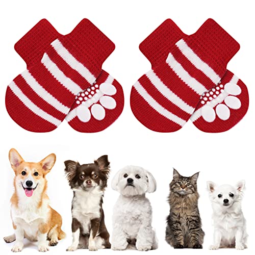 AUAUY Indoor Anti-Rutsch Socken für Hunde und Katzen, Pet Socken, Hundesocken Anti Rutsch Pfotenschutz und Traktion Dank Silikon-Gel 2 Größen für Kleine-Mittlere Tiere(Rot und Weiß M)