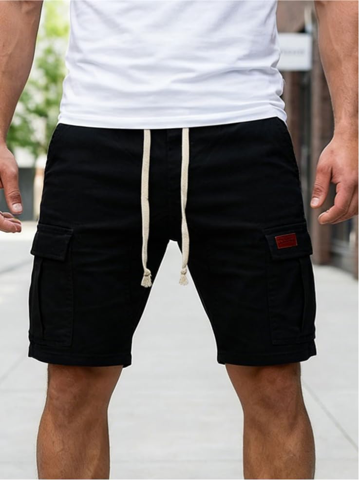 Pantalones cortos tipo cargo para hombre, con cordón y cintura elástica, para entrenamiento, gimnasio, con bolsillos