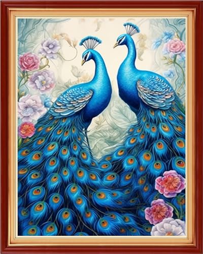 Image of Foxdiviy Stamped Cross Stitch Kits for Beginners Full Range of Cross Stitching 11 CT Printed Cross Stitch Kits for Adults Cross Stitch Patterns Needlepoint Kits- Blue Peacock Couple 16x20 inch