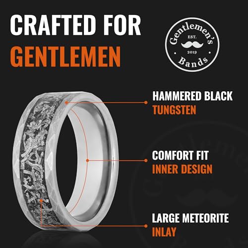 Gentlemen's Bands Silver Tungsten Men's Wedding Band with Hammered Finish & Black Meteorite Inlay 8mm | Engagement/Wedding Ring for Men | Includes Silicone Band, Leather Pouch & Luxury Walnut Box3