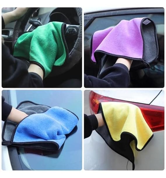 Image of Microfiber Super Absorbent Cloths for Car, Silk Banded Edge Towel Set Extra Thick Microfiber Cleaning Cloths for Bike and Car (Multi) (400 GSM, 30 X 30 CM) (Pack of 2)
