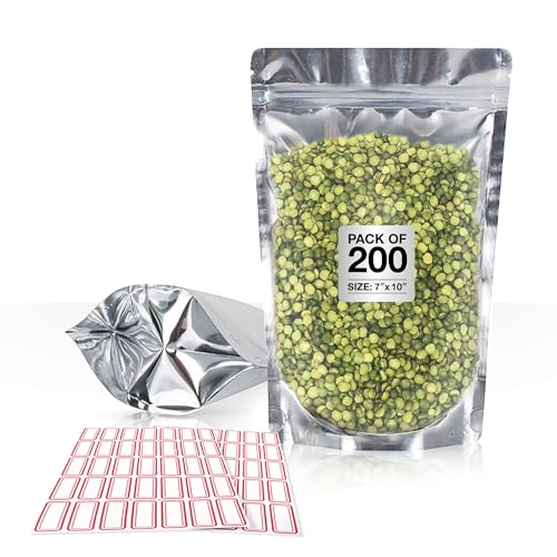 BELLE KR 7x10 Quart Mylar Bags for Food Storage - Pack Of 200-7.5mil Thick - Gusseted Bottom - Clear Mylar Bags with See Through Window for Freeze Drying food - Labels Included