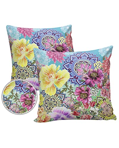 HELLOWINK Outdoor Pillows Waterproof Pillow Covers Set of 2 Bohemian Mandala Polyester Throw Pillow Covers Garden Cushion Case for Patio Funiture Sofa Decoration 20x20inch Ethnic Pattern Flower Peony