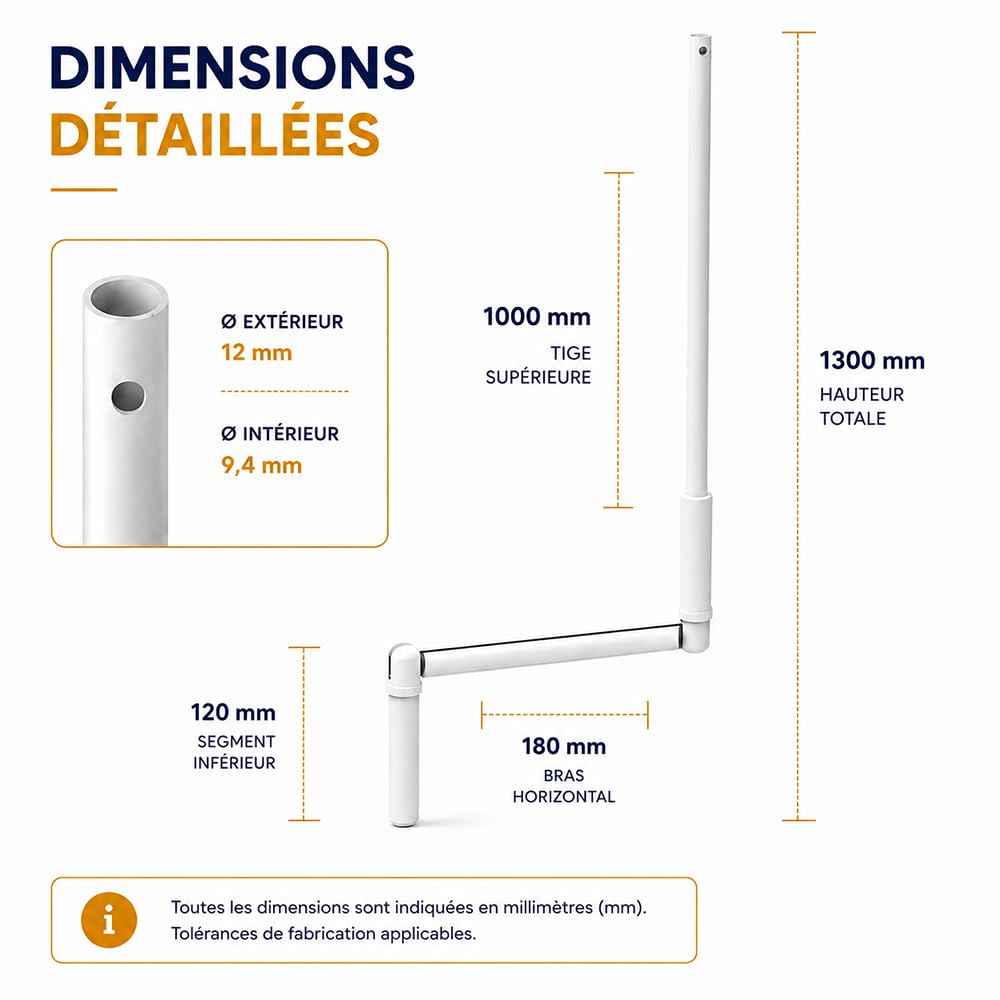 Manivelle Complète Blanche pour Volet Roulant Manuel - 130 cm - Tige Acier - Poignée Ergonomique - Sortie Ronde Ø12 mm