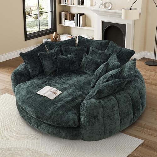 Image of 81 inch Round Sofa Bed Big Bean Bag Round Chaise Lounge Oversized Round Couch Boneless Reading Chair Plush Fluffy Chenille Large Chaise Chair for Living Room, Bedroom, Apartment, Olive Green