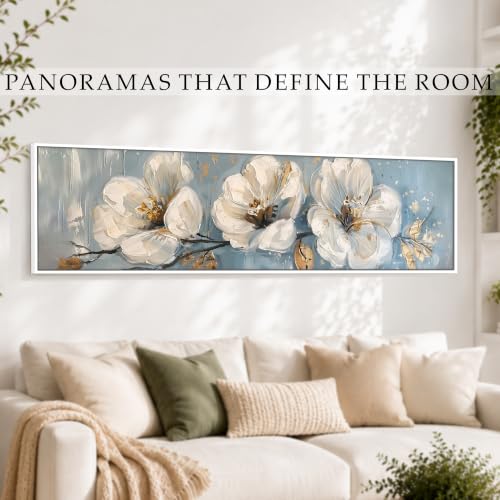 Image of PAINTINGMANTRA White Cherry Blossom Flowers Wall Art Painting, Framed Floral Wall Art Painting for Living Room, Home and Office Wall Decoration (13x47 Inch)
