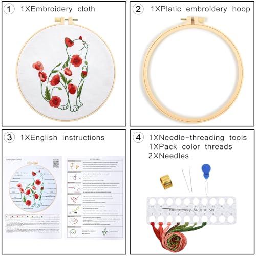 Image of Crafmanoe Cat Embroidery Kits for Beginners Adults, Flowers Embroidery Starter Kits, Counted Cross Stitch Kits for Beginners Adults Hobbies Set for Women, Embroidery Hoops, Thread and Video Tutorial